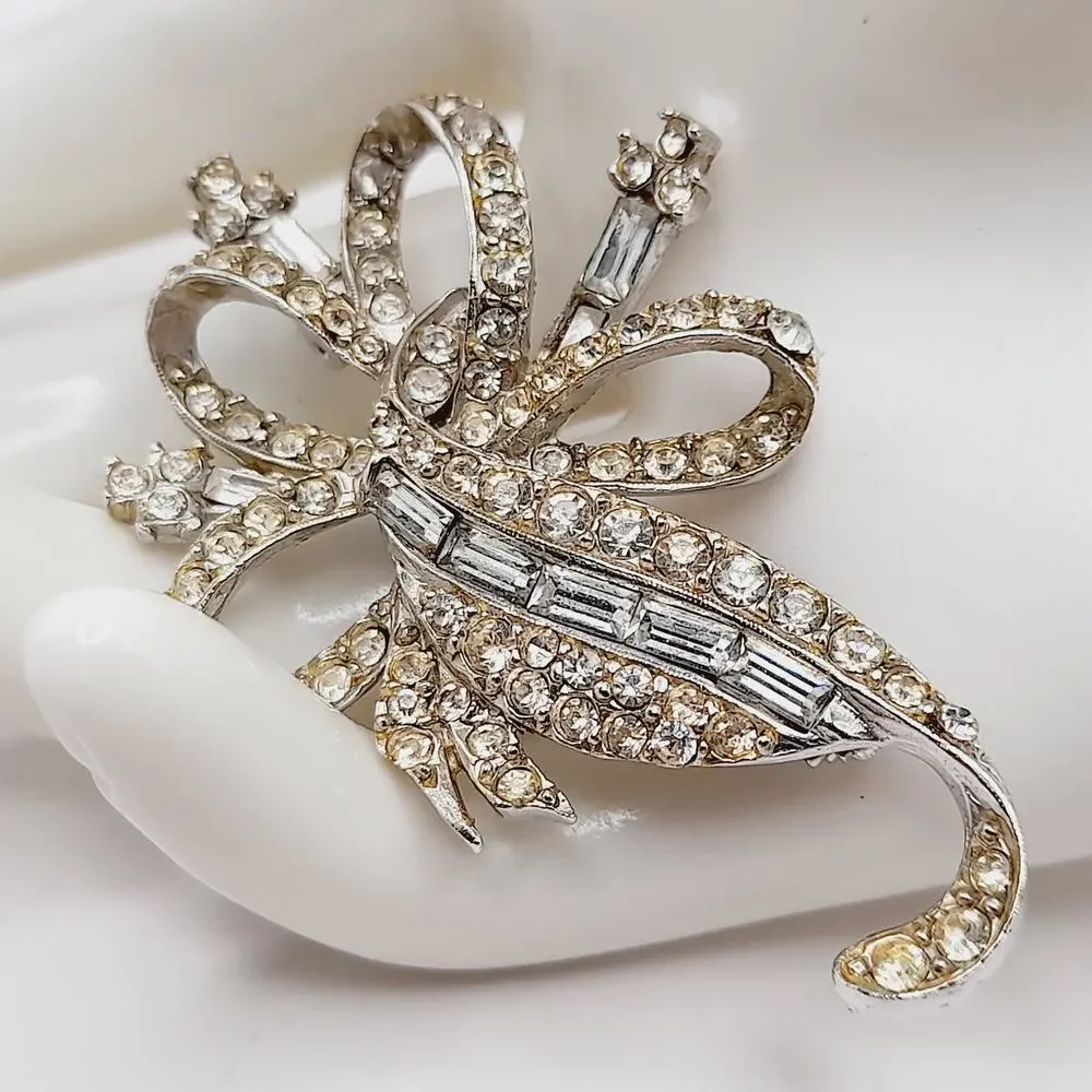 Vintage PELL Clear Rhinestone Brooch Baguettes Silver Tone 1960s